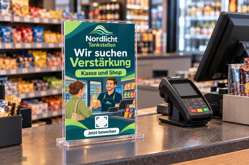 Muster, KI-Bild: Nordlicht Tankstellen, DIN-A4-Aufsteller an der Kasse mit schematischem QR-Zeichen.