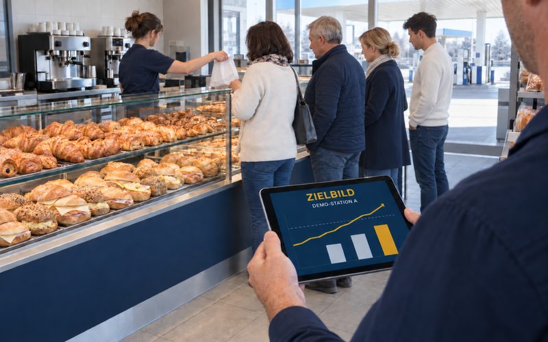 Muster: Blick über die Schulter eines Betreibers auf ein Tablet mit der Aufschrift ZIELBILD und DEMO-STATION A und einer steigenden goldenen Kurve mit Balken; davor die Backshop-Theke einer Tankstelle mit wartenden Kunden