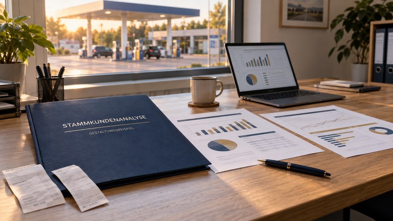 Stationsbüro am Abend: auf dem Schreibtisch eine Mappe mit der Aufschrift Stammkundenanalyse, ausgedruckte Diagrammblätter, ein Notebook mit Auswertungen, Kassenbons und eine Tasse; durch das Fenster eine Tankstelle