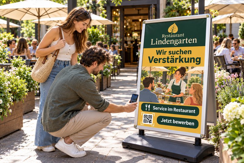 Muster, KI-Bild: Restaurant Lindengarten, A0-Aufsteller am Terrasseneingang, ein Paar scannt den QR-Code.