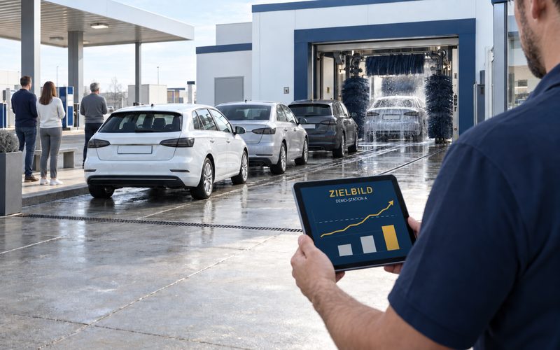 Muster: Betreiber von hinten vor der Waschanlage seiner Station, drei Autos warten vor der Waschhalle, in der Hand ein Tablet mit der Aufschrift ZIELBILD und DEMO-STATION A und einer steigenden goldenen Kurve mit Balken