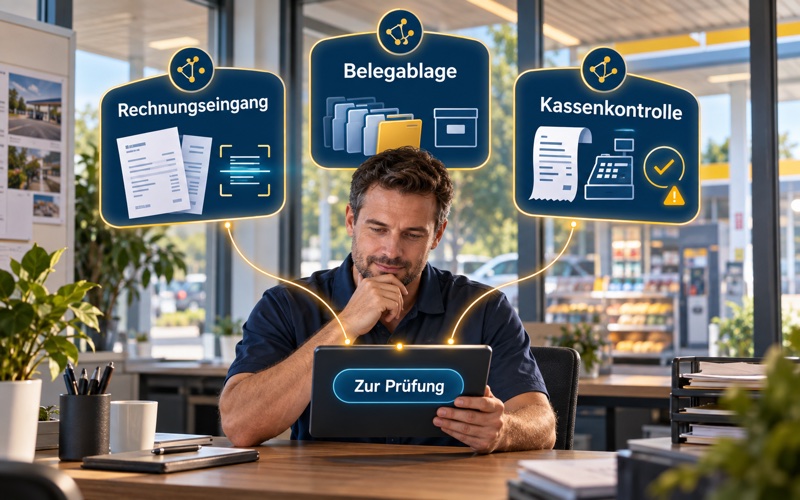 Muster: Betreiber mit Tablet und drei vernetzten KI-Aufgabenmodulen für Rechnungseingang, Belegablage und Kassenkontrolle; auf dem Tablet steht Zur Prüfung.