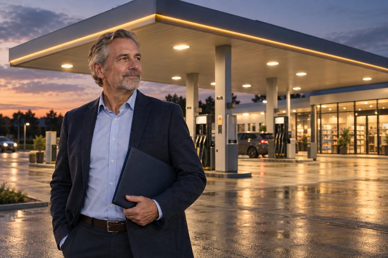 Muster (KI-Symbolbild): Eigentümer mit dunkelblauer Mappe vor einer markenlosen Tankstelle in der Abenddämmerung