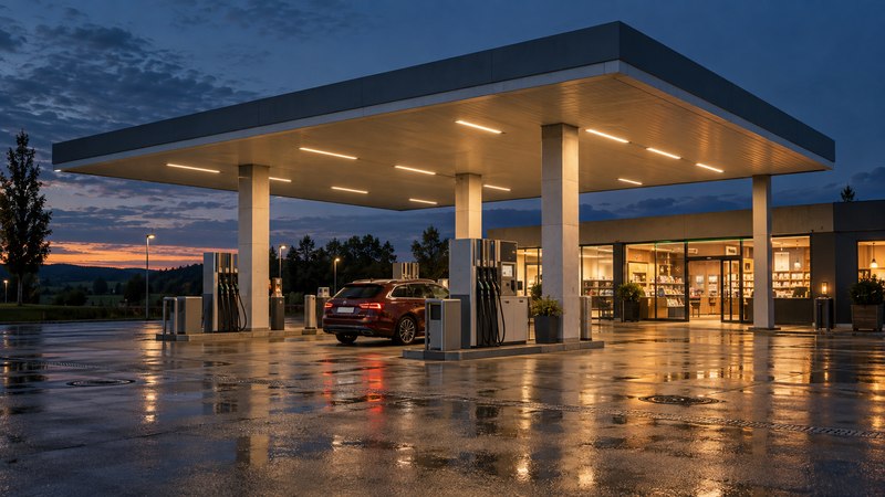 Tankstelle in der Abenddämmerung: warm beleuchtetes Vordach über mehreren Zapfsäulen, ein Kombi an einer Säule, rechts der erleuchtete Shop, nasser Vorplatz mit Spiegelungen