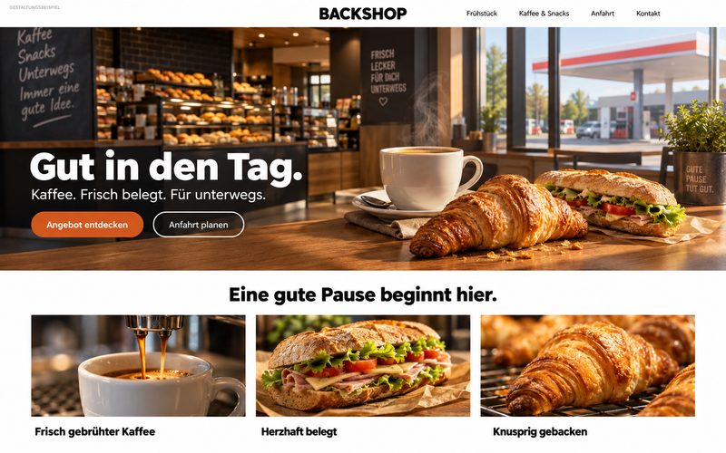 Gestaltungsbeispiel: Seite eines Stations-Backshops mit Frühstücksangebot, Kaffee und belegten Brötchen
