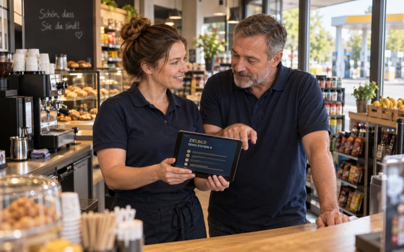 Zwei Beschäftigte hinter der Backshop-Theke sehen gemeinsam auf ein Tablet mit der Aufschrift ZIELBILD und einer kurzen Liste