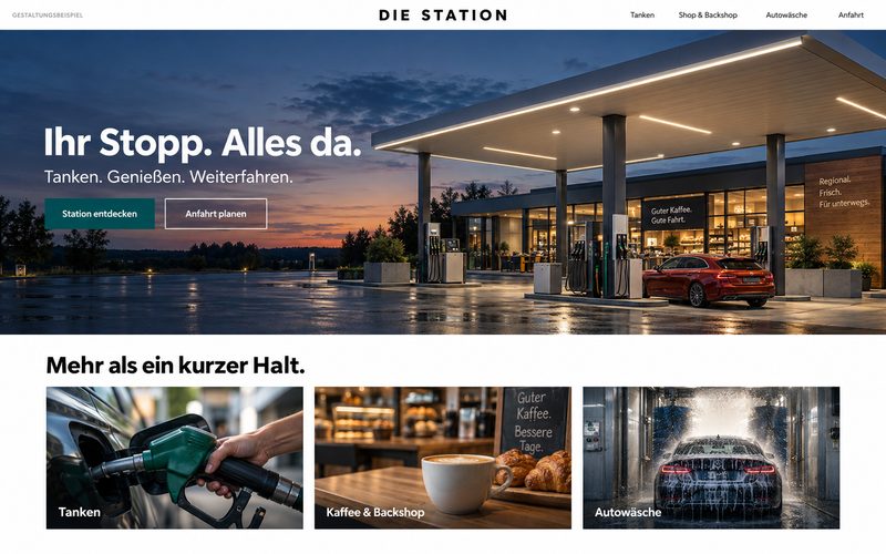 Gestaltungsbeispiel: Startseite einer Tankstelle mit Außenansicht der Station, Öffnungszeiten und Kraftstoffangebot