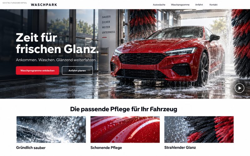 Gestaltungsbeispiel: Seite eines Waschparks mit Waschprogrammen und einem roten Auto in der Waschanlage